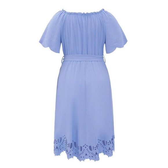 NWT BloomChic Blue Laser Cut Pocket Belted Frill Trim Off Shoulder Dress 12/L - Picture 8 of 12